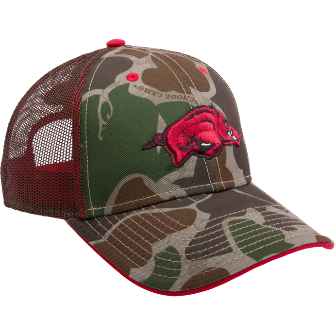 Arkansas Old School Green Cap: Trucker style hat with red pig embroidery, mesh back panels, X-Peak visor, and snap-back closure. Ideal for hunting and casual wear.