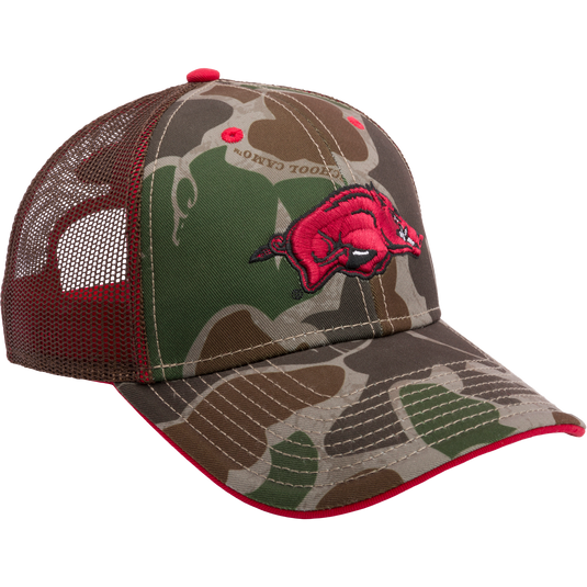 Arkansas Old School Green Cap: Trucker style hat with red pig embroidery, mesh back panels, X-Peak visor, and snap-back closure. Ideal for hunting and casual wear.