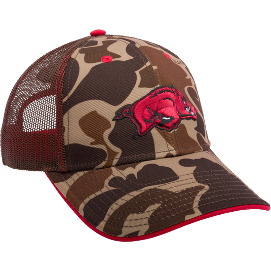 Arkansas Old School Cap: Camo hat with red pig emblem, mesh back panels, structured crown, curved visor, and snap-back closure. Ideal for hunting and casual wear.