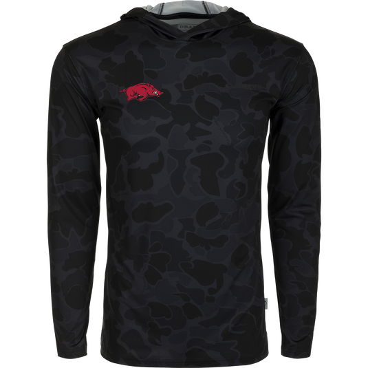 Arkansas Performance Long Sleeve Camo Hoodie - A lightweight, versatile hoodie with cooling, stretch, and moisture-wicking features. Ideal for outdoor activities.