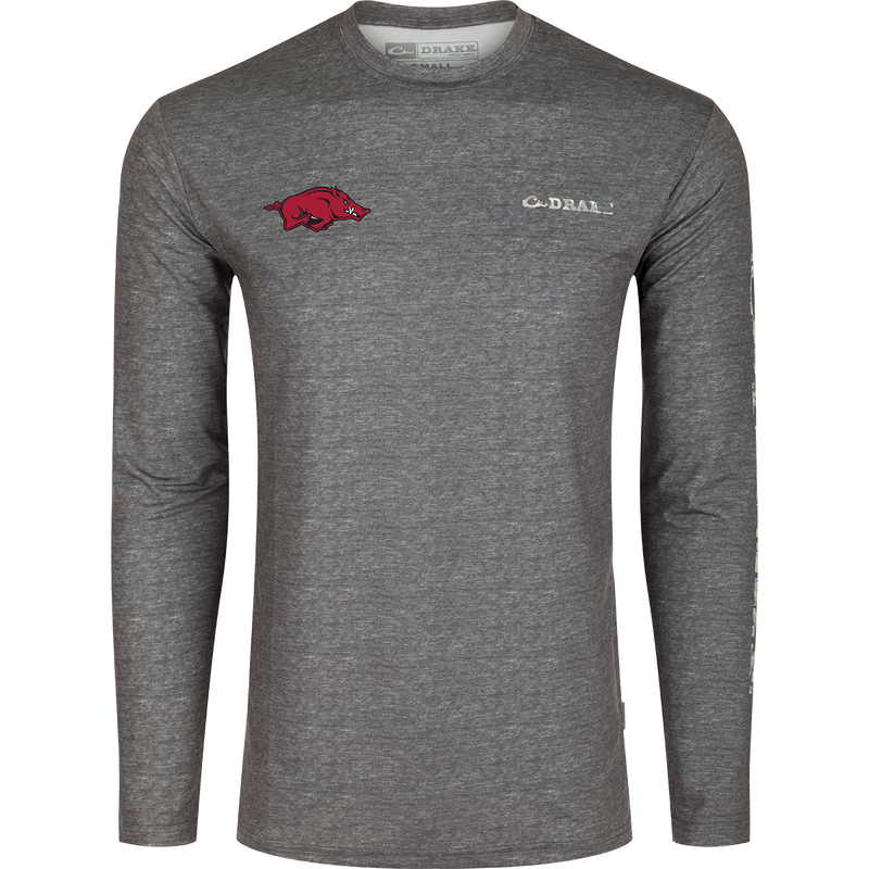 Arkansas Performance Heather Long Sleeve Crew - A lightweight, functional shirt with cooling, stretch, and moisture-wicking features. Perfect for autumn afternoons.