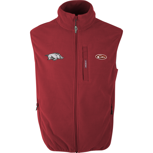 Arkansas Camp Fleece Vest with windproof layering. Features stand-up collar, Magnattach™ pocket, and handwarmer pockets. Comfortable and warm.