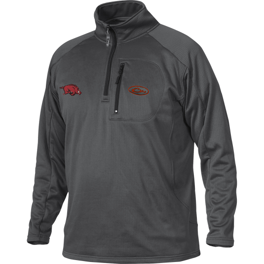 A grey jacket with a red pig logo, featuring University of Arkansas logo embroidery on right chest.