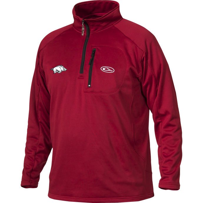 A red Arkansas Breathelite™ 1/4 Zip jacket with University of Arkansas logo embroidery on the right chest, made of 100% polyester micro-fleece with square check backing for stretch and breathability. Features a vertical front chest zippered pocket. Ideal for active outdoorsmen in cool weather.