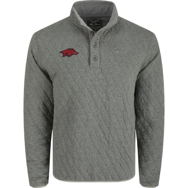 Arkansas Delta Quilted 1/4 Snap Sweatshirt: A midweight cotton sweatshirt with a red pig logo, perfect for cool autumn days in Fayetteville.