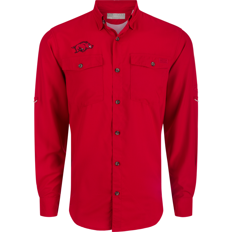 Arkansas Frat Dobby Long Sleeve Shirt with red pig embroidery, hidden button-down collar, and button-through flap chest pockets.