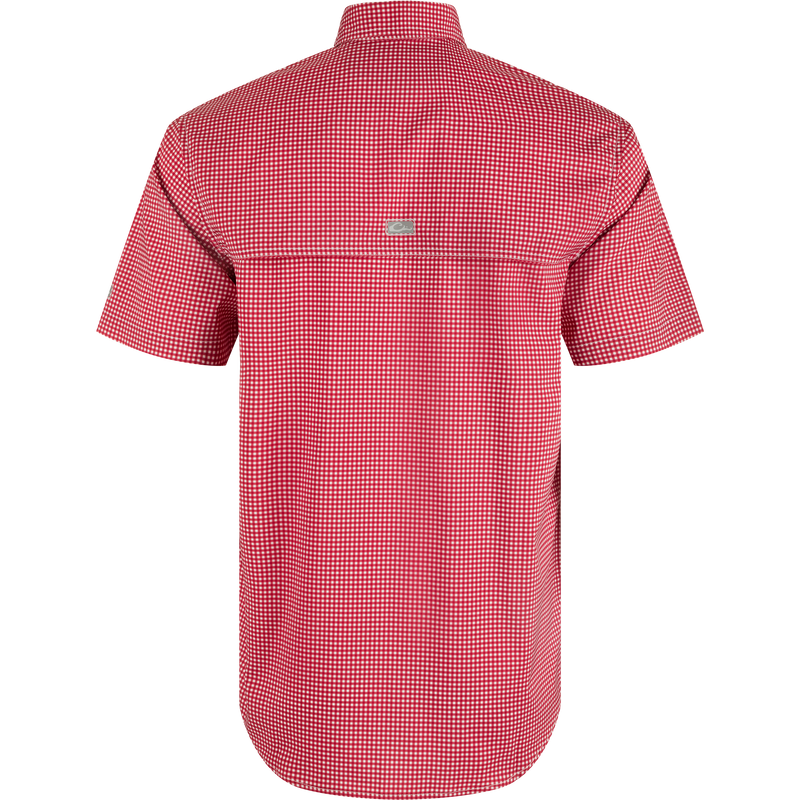 Arkansas Frat Gingham Short Sleeve Shirt: Lightweight, moisture-wicking performance fabric with hidden collar, vented cape back, and chest pockets.