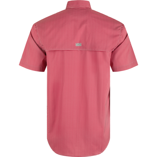 Arkansas Frat Gingham Short Sleeve Shirt: Lightweight, moisture-wicking performance fabric with hidden collar, vented cape back, and chest pockets.