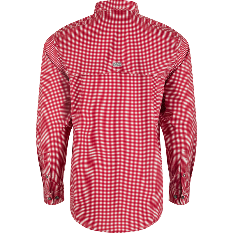 Arkansas Frat Gingham shirt with hidden collar, chest pockets, and adjustable sleeves. Lightweight, moisture-wicking, and UPF30 for sun protection.