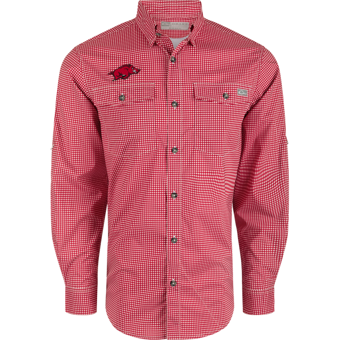 Arkansas Frat Gingham Long Sleeve Shirt, lightweight performance fabric with hidden button-down collar and vented cape back.