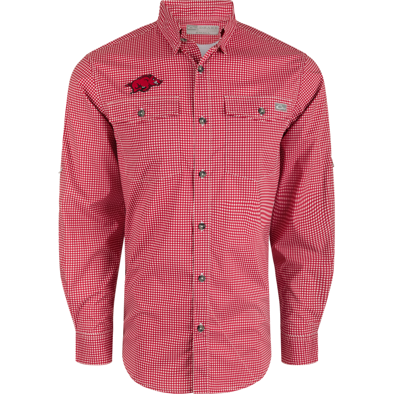 Arkansas Frat Gingham Long Sleeve Shirt, lightweight performance fabric with hidden button-down collar and vented cape back.