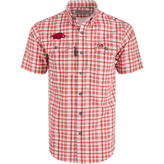 Arkansas Hunter Creek Windowpane Plaid Short Sleeve Shirt, a classic fit with hidden button-down collar and two chest pockets.