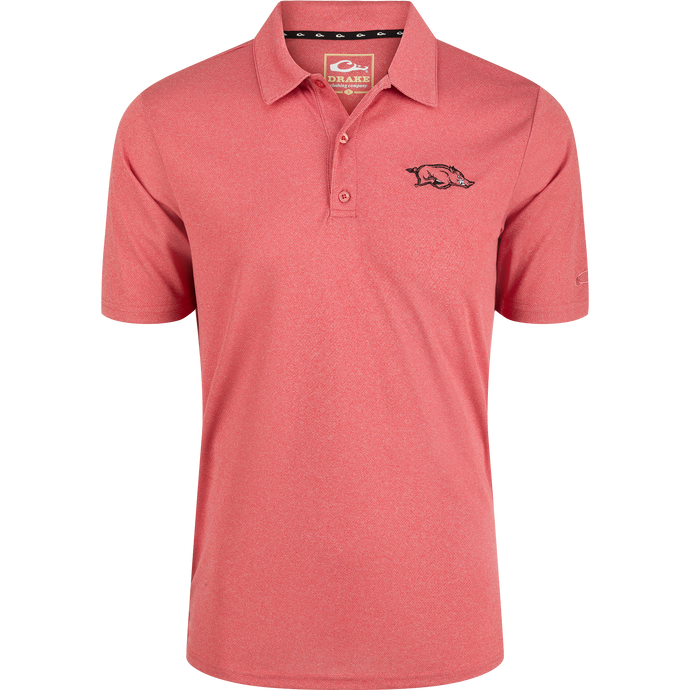A red polo shirt with the Arkansas logo on the left chest, featuring a vintage heather finish and four-way stretch for comfort.