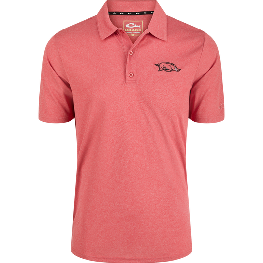 A red polo shirt with the Arkansas logo on the left chest, featuring a vintage heather finish and four-way stretch for comfort.