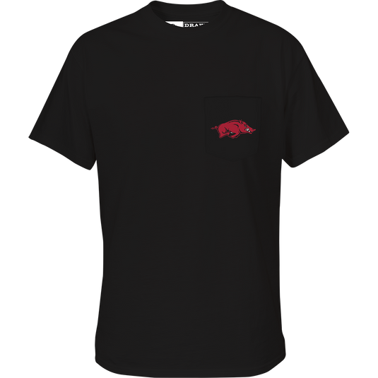Arkansas Beach T-Shirt: Cotton/poly blend tee with school logo on chest pocket and beach scene on back. Perfect for game day or the beach.