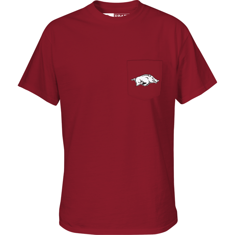 Arkansas Black Lab T-Shirt with school logo on chest pocket. Back artwork features black lab head scene with school logo and Drake Waterfowl branding. Cotton/poly blend tee for comfort.