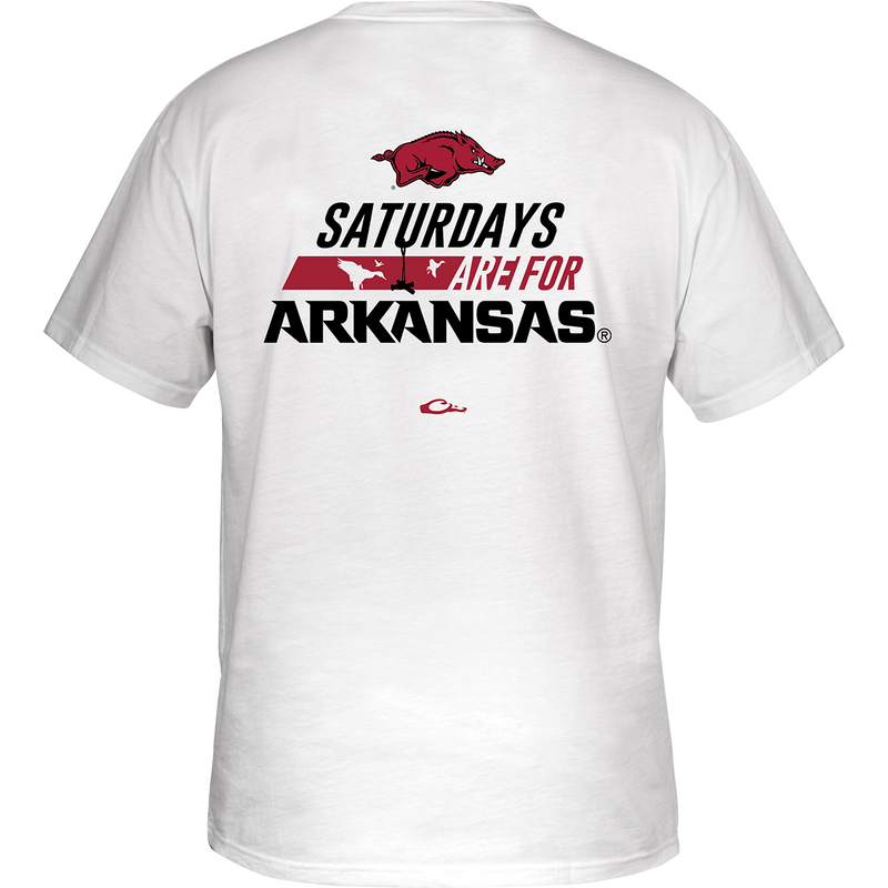 Arkansas Saturdays T-Shirt: Back of white shirt with red pig logo and stylized text saying 