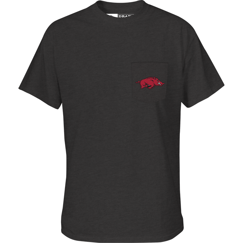 Arkansas Cupped Up T-Shirt: Back artwork of ducks cupped up in flight with school logo and catch phrase. Front chest pocket with Drake logo.