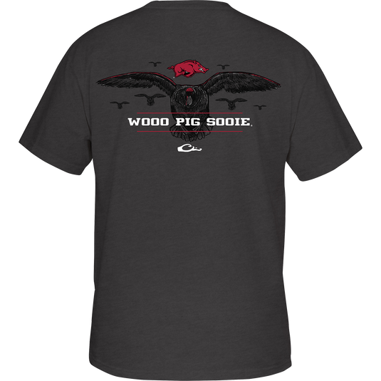 Arkansas Cupped Up T-Shirt: Back artwork of a duck landing, surrounded by other ducks, with school logo and catch phrase. Front features school logo on chest pocket. Cotton/poly blend fabric. Tag-less neck label for comfort.