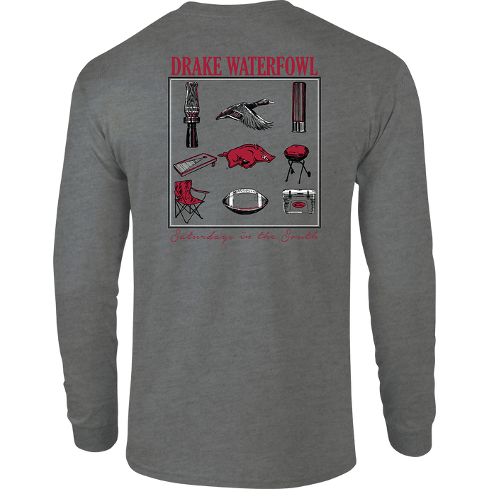 Arkansas Sportsman T-Shirt: Grey long sleeve tee with stylized scene showcasing items used on 
