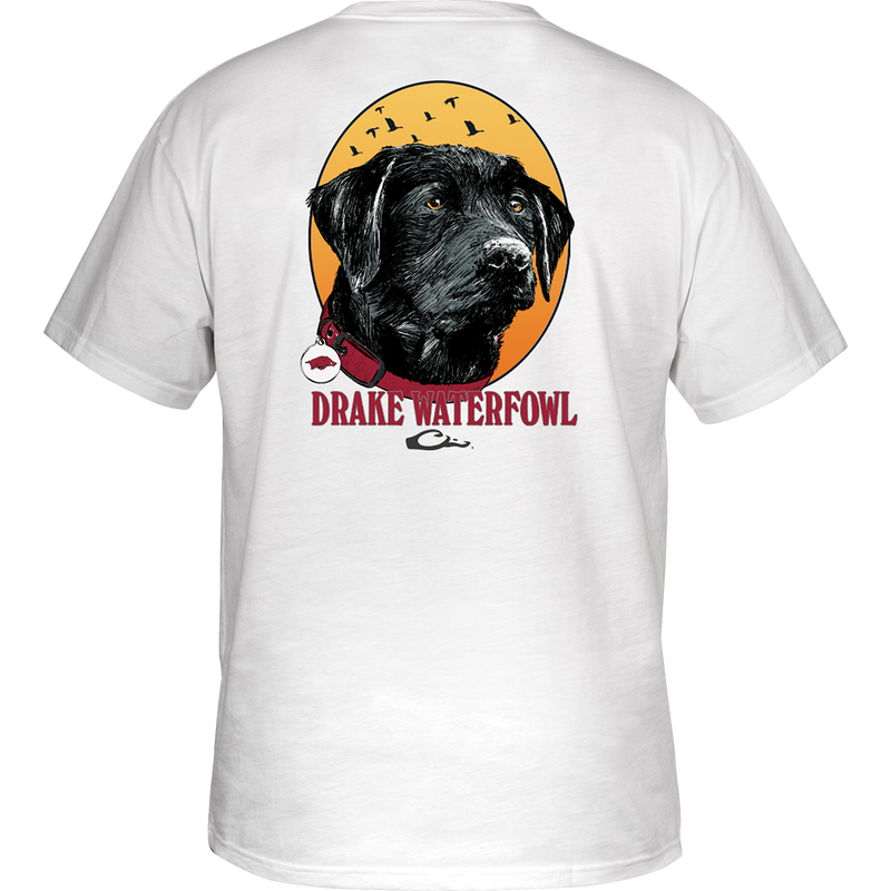Arkansas Drake Lab T-Shirt: White shirt with black dog logo on front pocket. Lightweight, breathable cotton-polyester blend. School pride and comfort in one.