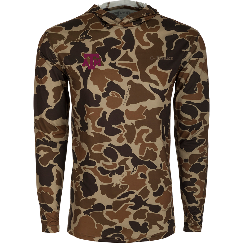 Texas A&M Performance Long Sleeve Camo Hoodie, featuring a camouflage pattern and a close-up of the fabric texture.