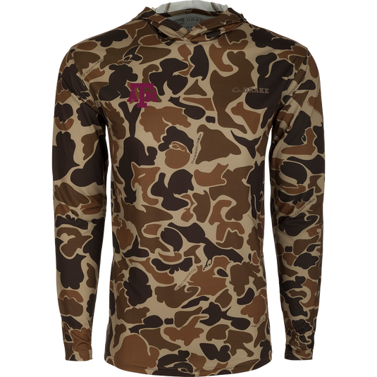 Texas A&M Performance Long Sleeve Camo Hoodie, featuring a camouflage pattern and a close-up of the fabric texture.