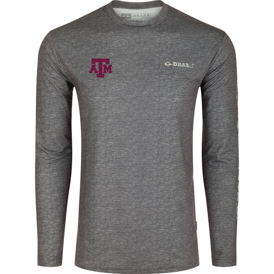 Texas A&M Performance Heather Long Sleeve Crew, a functional and lightweight shirt with cooling, stretch, and moisture-wicking features. Ideal for Autumn afternoons.