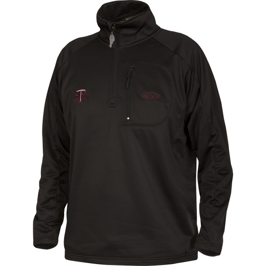 A black jacket with a zipper, featuring Texas A&M logo embroidery on the right chest. Made of 100% polyester with 4-way stretch and square check fleece backing. Ideal for active outdoorsmen, providing ultralight insulation and moisture management. Includes a vertical front chest zippered pocket.