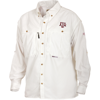 Texas A&M Wingshooter's Shirt L/S with logo, featuring venting, button-down collar, oversized chest pockets, and zippered pocket, ideal for comfort and functionality on game day.