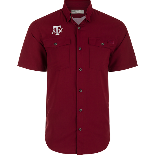 Texas A&M Frat Dobby Solid Short Sleeve Shirt - Maroon button-up shirt with logo, hidden collar, chest pockets, and vented cape back.