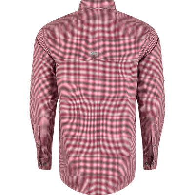 Texas A&M Frat Gingham Long Sleeve Shirt with hidden collar, chest pockets, and adjustable sleeves. Lightweight, stretchy, and moisture-wicking.