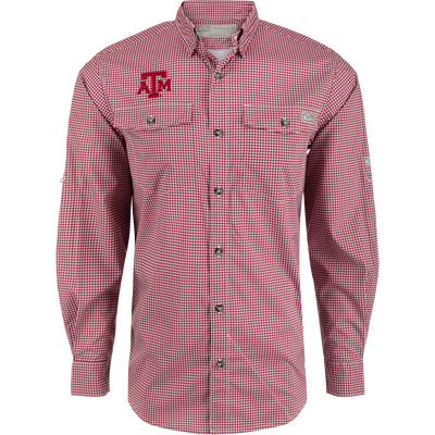 Texas A&M Frat Gingham Long Sleeve Shirt, a lightweight performance shirt with hidden collar, chest pockets, and adjustable sleeves.