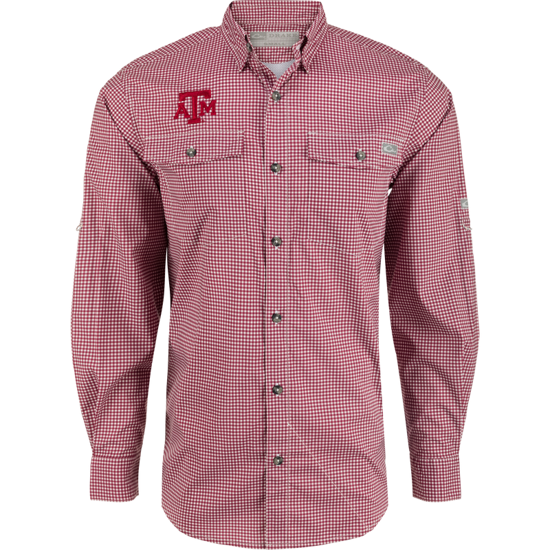 Texas A&M Frat Gingham Long Sleeve Shirt, a lightweight performance shirt with hidden collar, chest pockets, and adjustable sleeves.