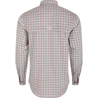 Texas A&M Frat Tattersall Long Sleeve Shirt - Back view of a plaid shirt with hidden button-down collar, vented cape back, and two button-through flap chest pockets.