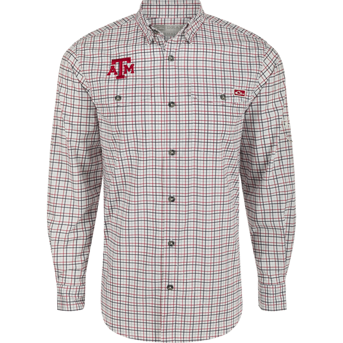Texas A&M Frat Tattersall Long Sleeve Shirt with logo, hidden collar, and chest pockets. Lightweight, stretchy, and UPF30 sun protection.