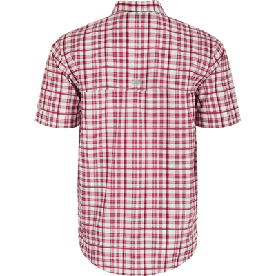 Texas A&M Hunter Creek Windowpane Plaid Shirt, back view, lightweight polyester fabric, hidden button-down collar, vented cape back, two chest pockets.