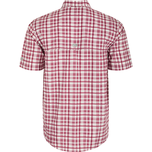 Texas A&M Hunter Creek Windowpane Plaid Shirt, back view, lightweight polyester fabric, hidden button-down collar, vented cape back, two chest pockets.