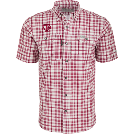 Texas A&M Hunter Creek Windowpane Plaid Shirt, featuring lightweight polyester fabric, hidden button-down collar, and vented cape back.