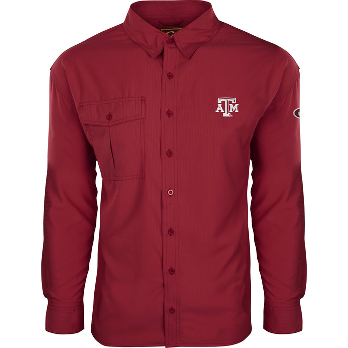 Texas A&M Flyweight Shirt L/S: Lightweight red shirt with logo, designed for warm-weather outdoor activities. Quick-drying, breathable polyester fabric with UPF 50+ sun protection. Vented mesh back and vertical chest pockets.