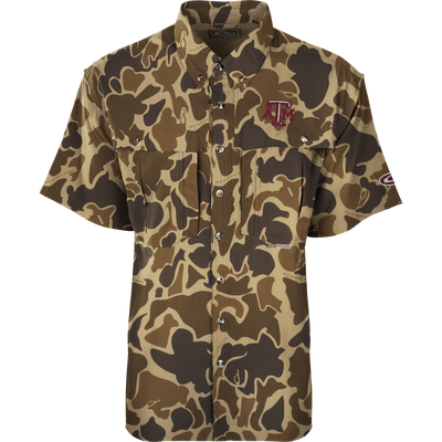 Texas A&M S/S Flyweight Wingshooter shirt features a camouflage pattern, vented back design, and logo, ideal for warm-weather outdoor activities.