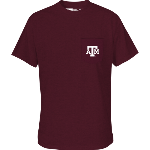 Texas A&M Beach T-Shirt: Maroon shirt with school logo on chest pocket and beach scene on back. Cotton/poly blend for comfort.