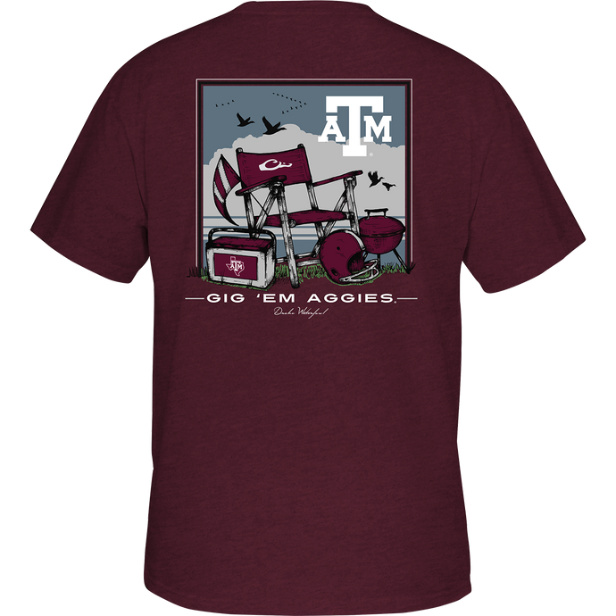 Back of a maroon Texas A&M Beach T-Shirt with a picnic chair, flag, and helmet design.