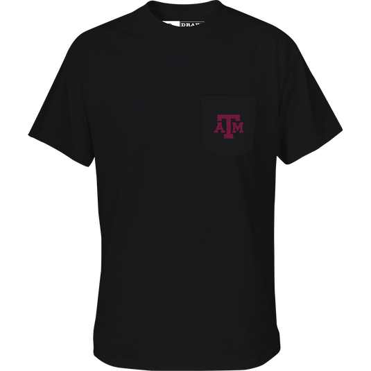 Texas A&M Black Lab T-Shirt: A cotton/poly blend tee with a black lab head scene on the back, featuring your school's logo, name, and 