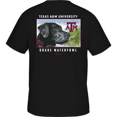 Texas A&M Black Lab T-Shirt: A black shirt with a dog on the back, featuring your school's logo and 