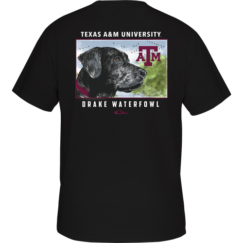 Texas A&M Black Lab T-Shirt: A black shirt with a dog on the back, featuring your school's logo and 