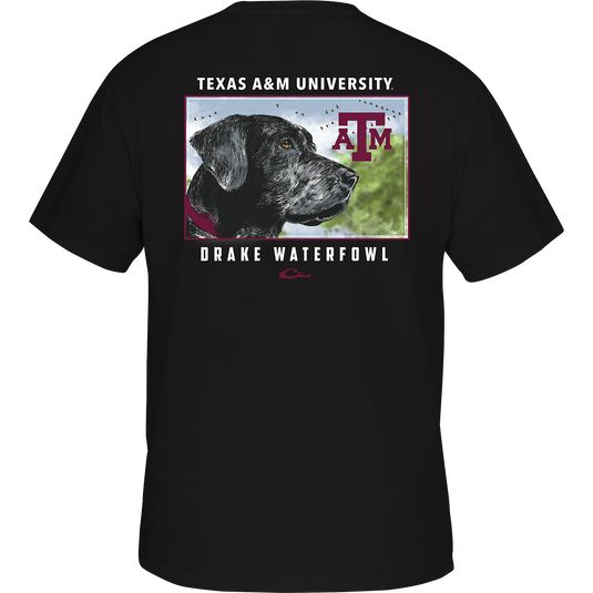 Texas A&M Black Lab T-Shirt: A black shirt with a dog on the back, featuring your school's logo and "Drake Waterfowl" text. Front pocket displays your school's logo.