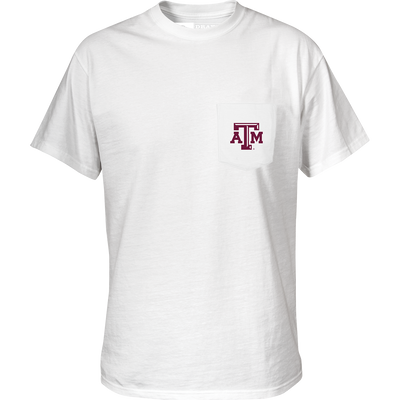 Texas A&M Saturdays T-Shirt: White cotton/poly blend tee with stylized logo saying 