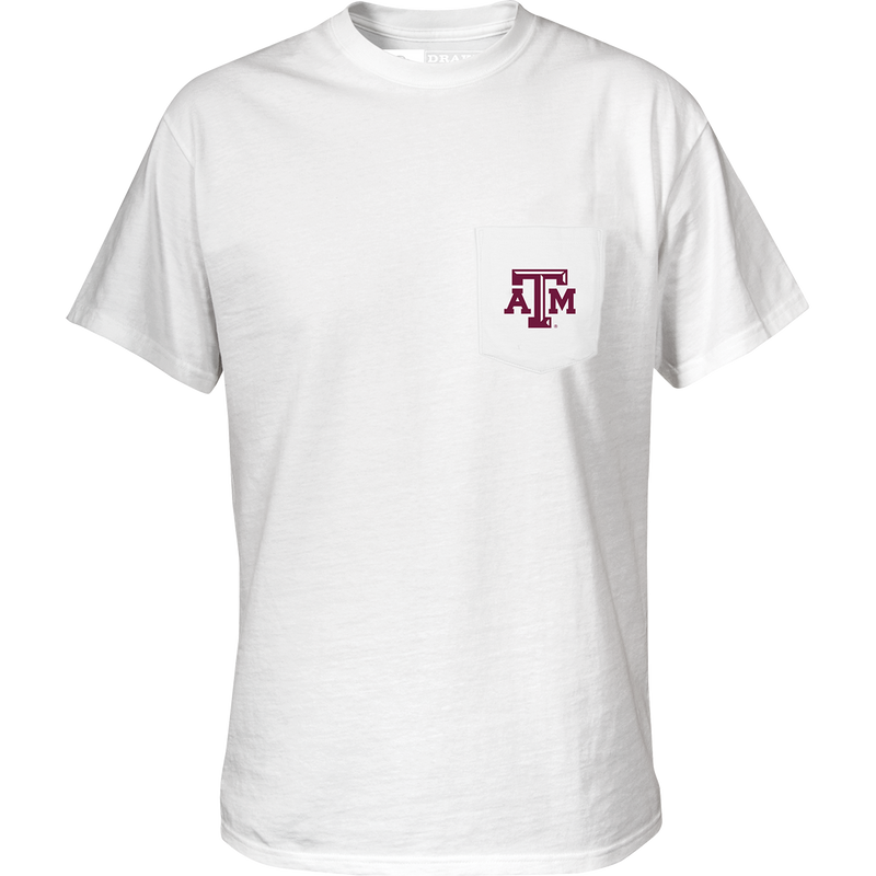 Texas A&M Saturdays T-Shirt: White cotton/poly blend tee with stylized logo saying 