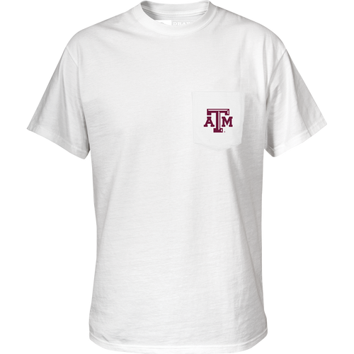 Texas A&M Saturdays T-Shirt: White cotton/poly blend tee with stylized logo saying 